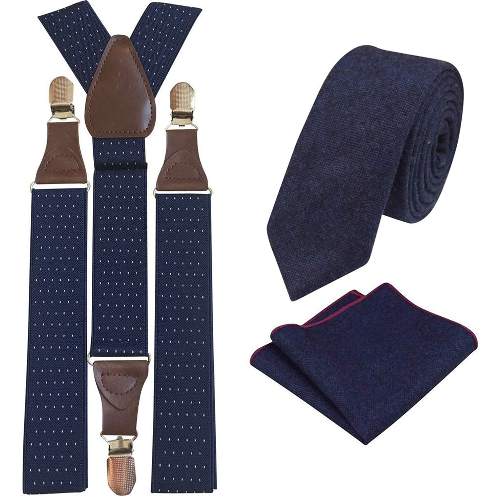 Arthur Navy Blue Adult Wool Tie and Pocket Square with Navy Blue Polka Dot Braces Set