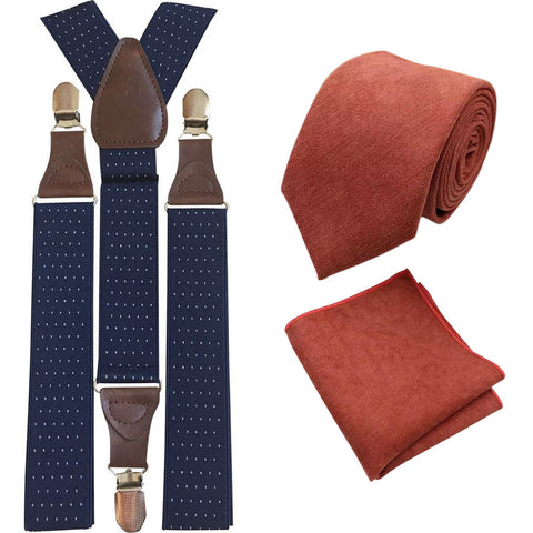 Bea Rusty Burnt Orange Cotton Blend Tie and Pocket Square with Navy Blue Polka Dot Adult Braces Set