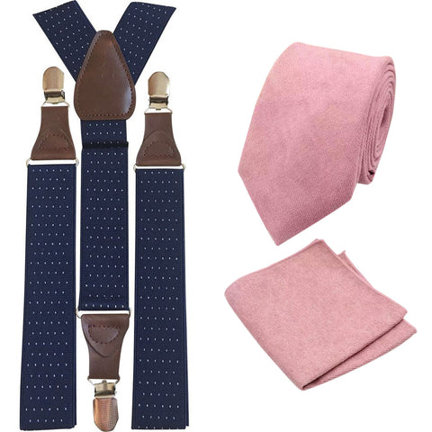 Rose Dusty Rose Pink Cotton Blend Tie and Pocket Square with Navy Blue Polka Dot Adult Braces Set