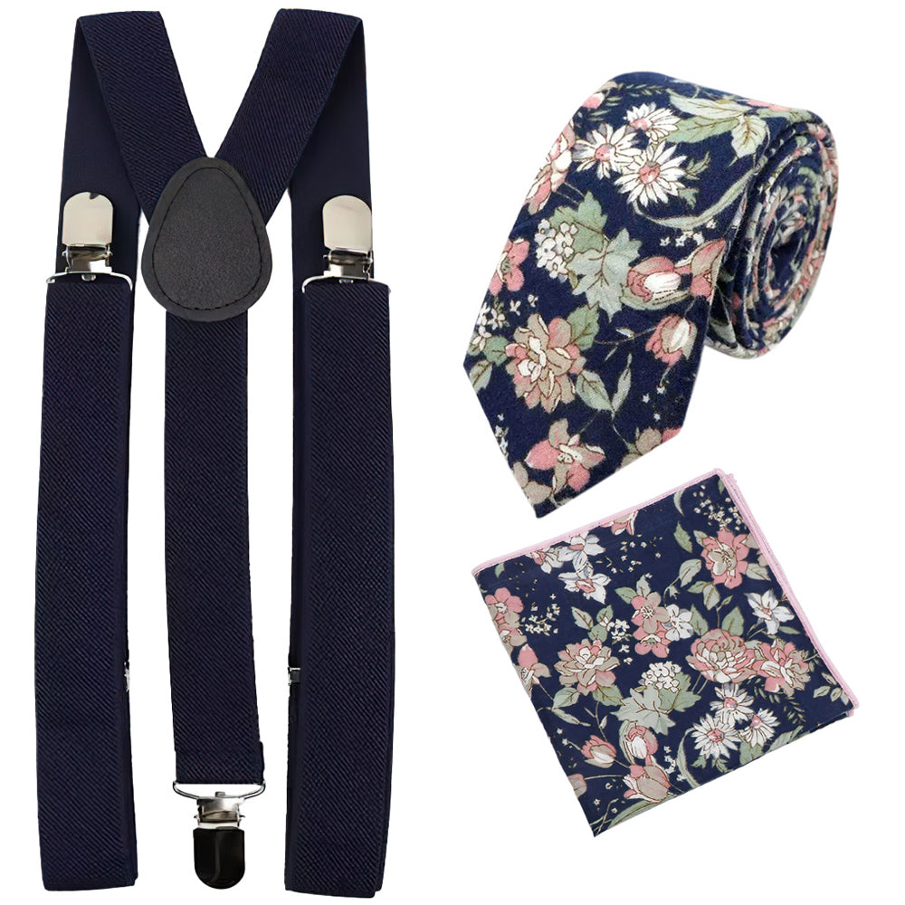 Margot Blue & Pink Floral Cotton Skinny Tie & Pocket Square with Navy Blue Plain Adult Braces Set