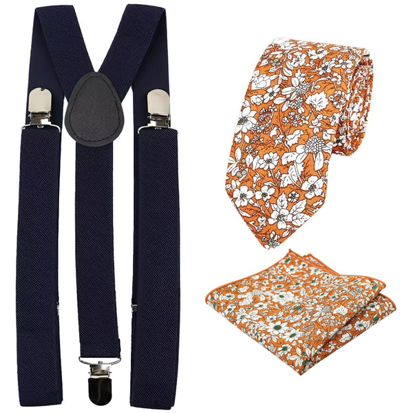 Nora Orange Floral Cotton Skinny Tie & Pocket Square with Navy Blue Plain Adult Braces Set