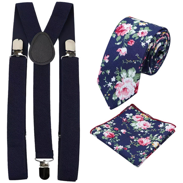 Millie Navy Blue Floral Cotton Skinny Tie & Pocket Square with Navy Blue Plain Adult Braces Set