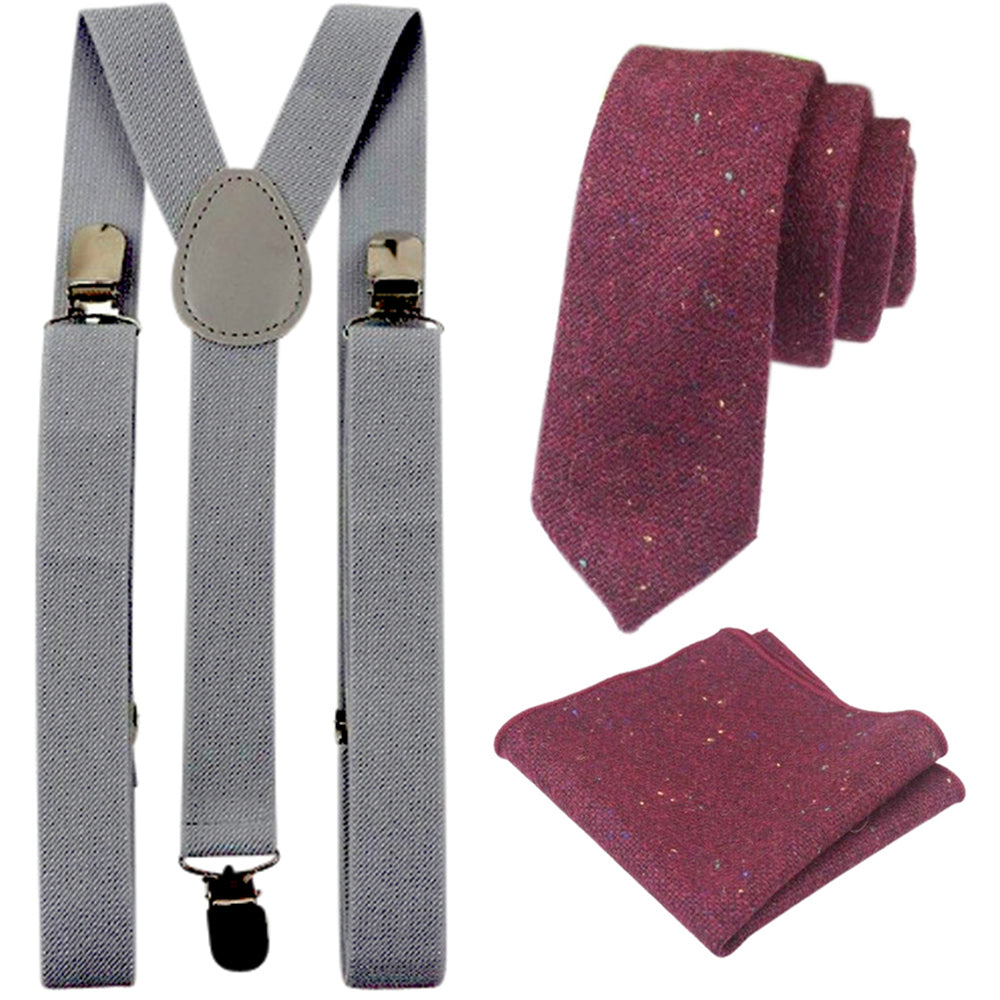 Carter Tweed Burgundy Red Adult Tie and Pocket Square with Slate Grey Braces Set
