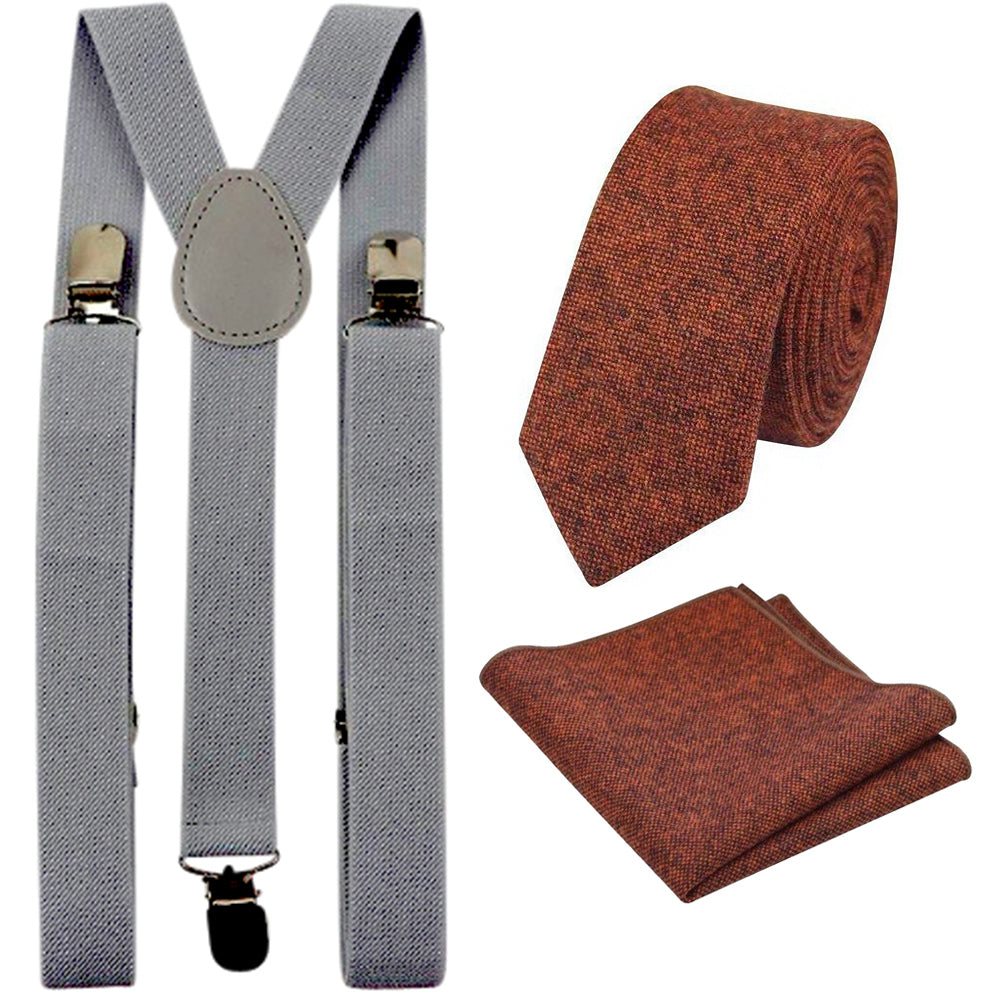 Charlie Burnt Orange Skinny Tweed Tie & Pocket Square with Slate Grey Adult Braces Set