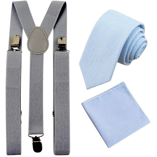 Leo Pale Blue Cotton Skinny Tie & Pocket Square with Slate Grey Adult Braces Set