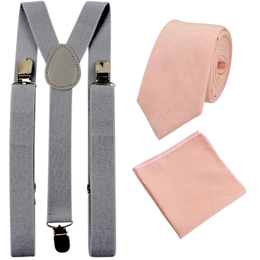 Romeo Blush Pink/Peach Skinny Cotton Tie and Pocket Square with Slate Grey Adult Braces Set