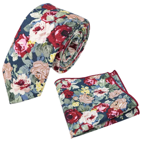 Bobby Blue Floral Cotton Tie and Pocket Square Set