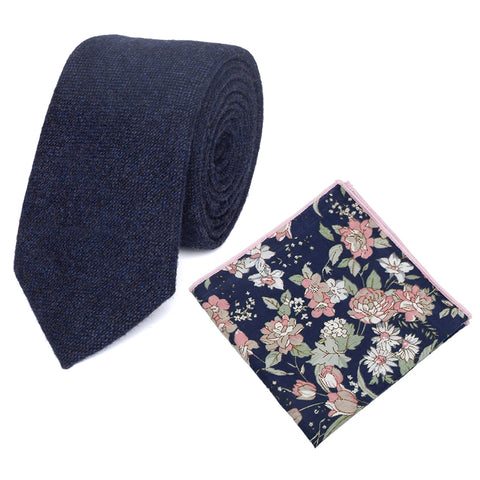 Arthur Navy Blue Wool Tie and Blue & Pink Floral Cotton Pocket Square Set