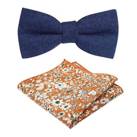 Arthur Navy Blue Pre-Tied Wool Bow Tie and Orange Floral Cotton Pocket Square Set