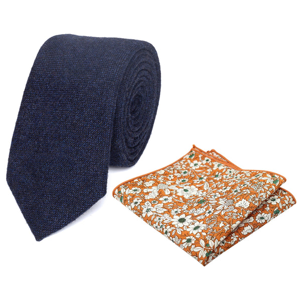 Arthur Navy Blue Wool Tie and Orange Floral Cotton Pocket Square Set