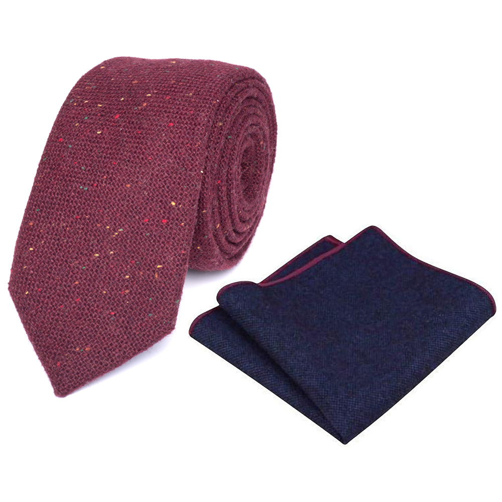 Carter Burgundy Wool Tie and Navy Blue Wool Pocket Square Set