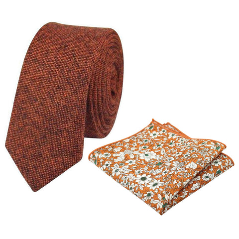 Charlie Rusty Burnt Orange Wool Tie and Orange Floral Cotton Pocket Square Set