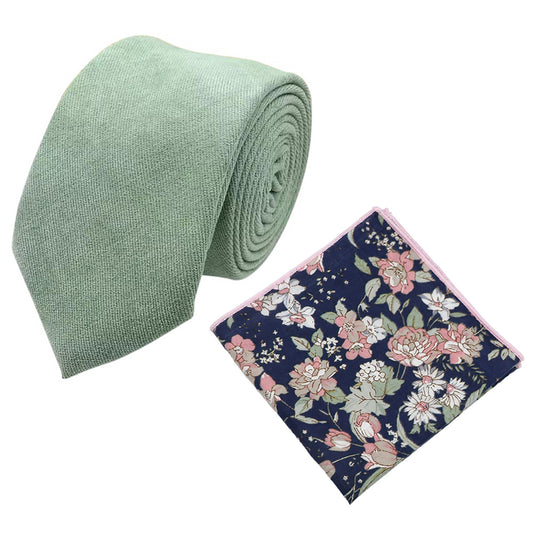 Harrison: Sage Green Cotton Blend Tie and Blue & Pink Floral Pocket Square Set