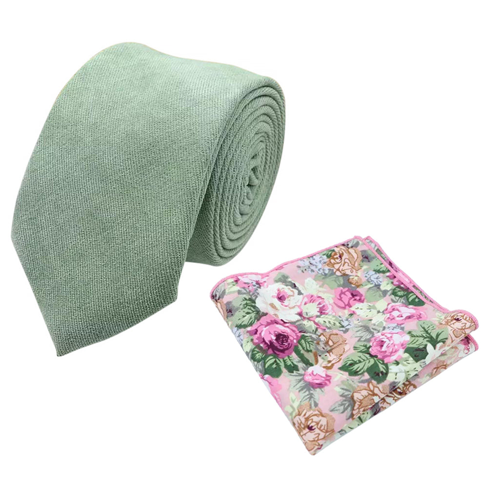 Harrison: Sage Green Cotton Blend Tie and Pink Botanical Floral Pocket Square Set