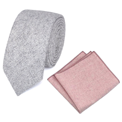 Laurie Light Grey Herringbone Wool Tie and Dusty Pink Wool Pocket Square Set