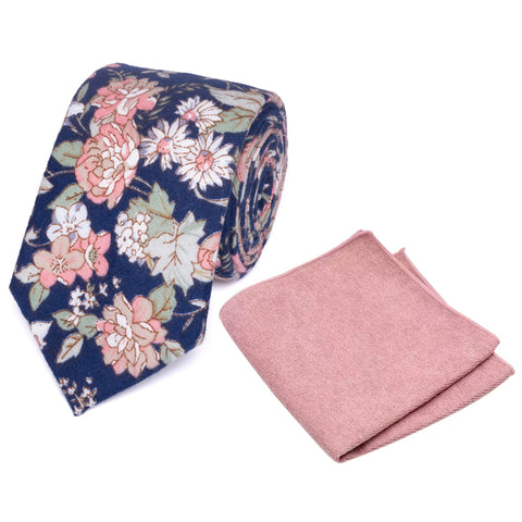 Margot Blue & Pink Floral Cotton Tie and Dusty Rose Pink Pocket Square Set
