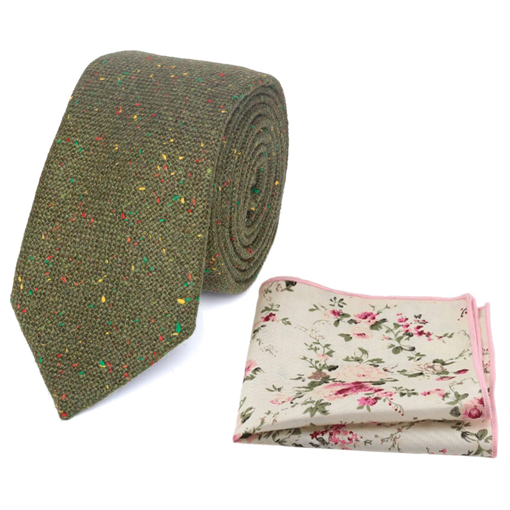 Olive Green Wool Tie and Cream Floral Cotton Pocket Square Set