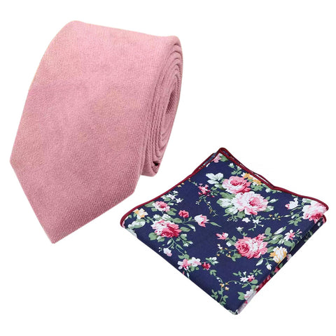 Rose Dusty Cinnamon Rose Pink Cotton Tie and Blue Floral Pocket Square Set