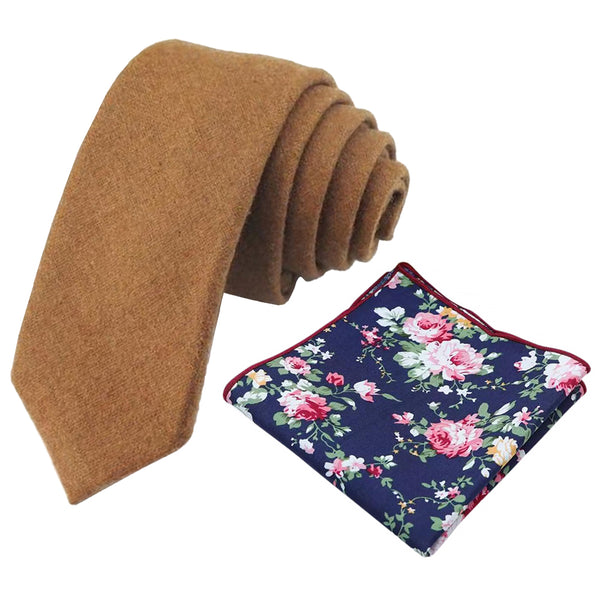 Rufus Camel Tan Wool Tie and Blue Floral Cotton Pocket Square Set