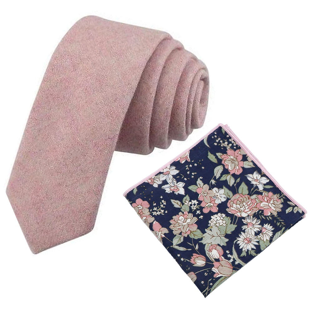 Tallulah Dusty Pink Wool Tie and Blue & Pink Floral Cotton Pocket Square Set