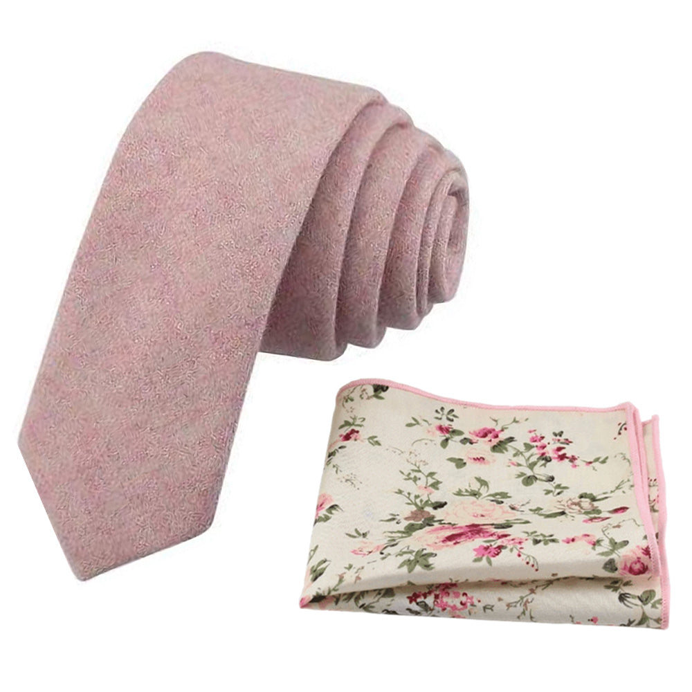 Tallulah Dusty Pink Wool Tie and Cream Floral Cotton Pocket Square Set