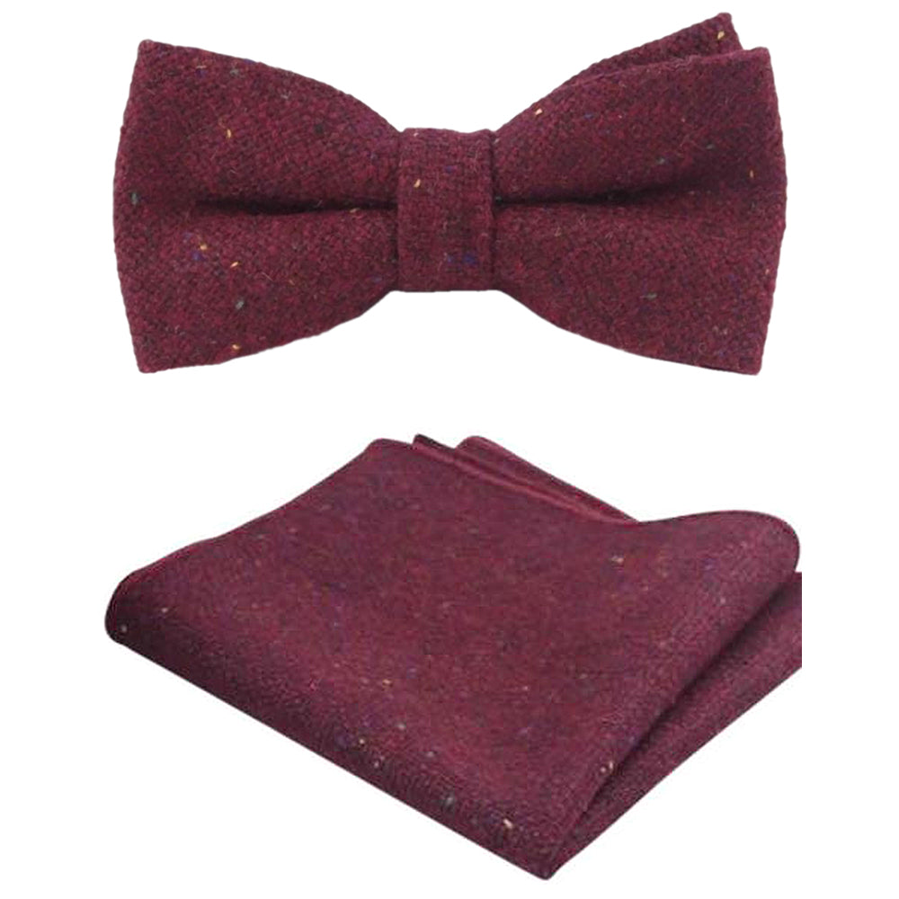 Carter Burgundy Red Adult Tweed Bow Tie, Pocket Square and Navy Blue Polka Dot Braces Set