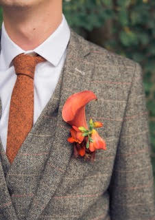 Charlie Rusty Burnt Orange Skinny Tweed Tie and Orange & Blue Plaid Tartan Pocket Square Set