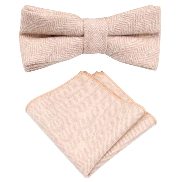 Elle Pink Herringbone Tweed Bow Tie and Pocket Square Set