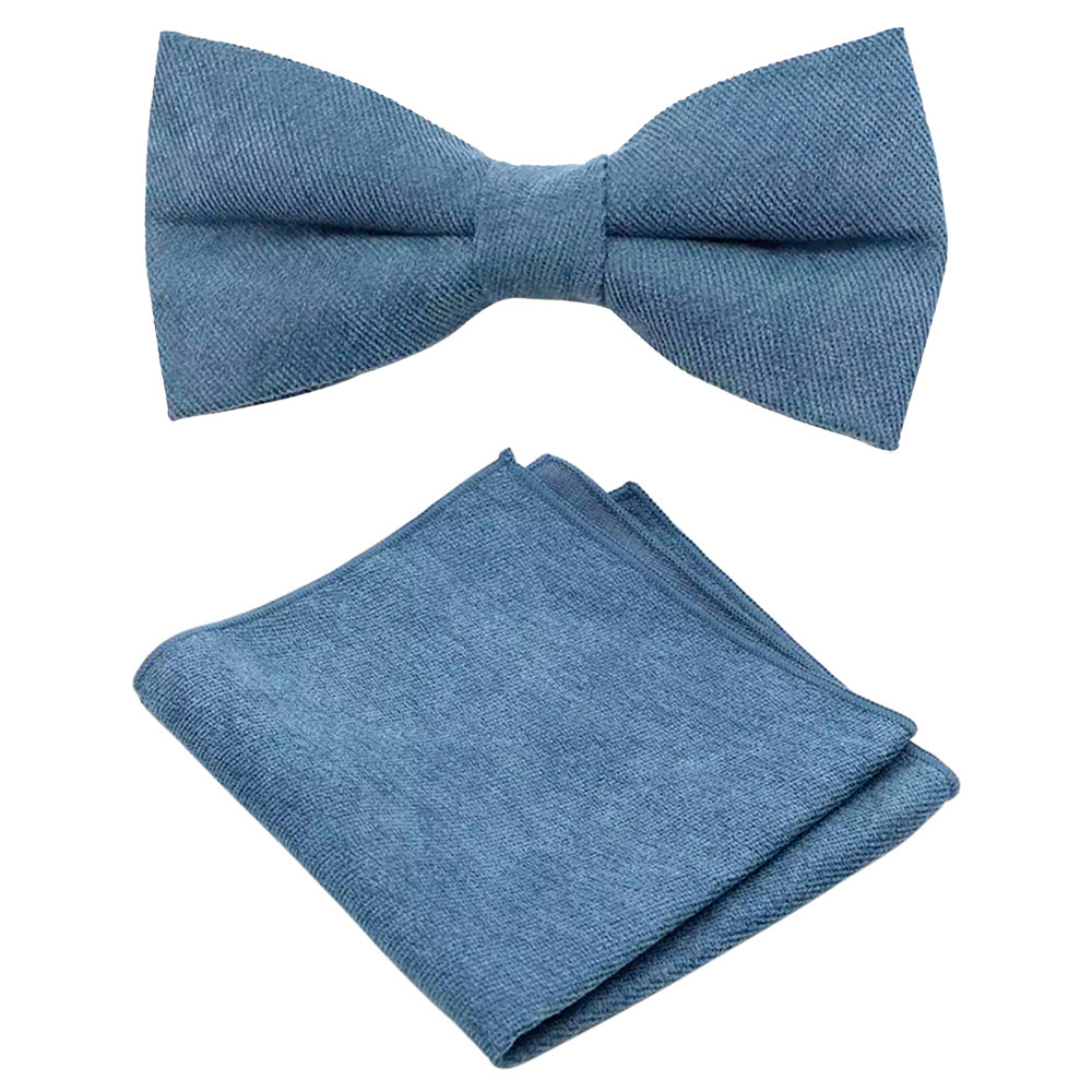 Hux Peacock Teal Blue Cotton Bow Tie and Pocket Square Set