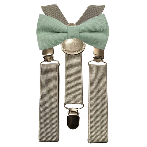 Harrison Boys Sage Green Cotton Bow Tie and Grey Braces