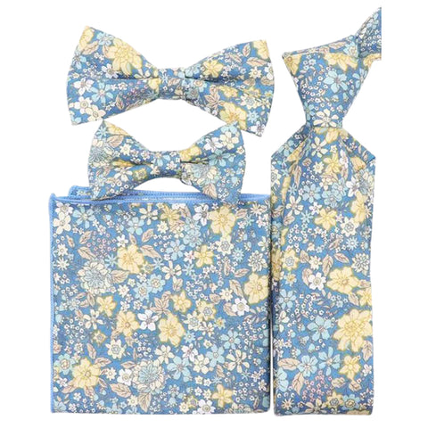 Lars Blue & Yellow Floral Bow Tie, Skinny Tie, Boys Bow Tie and Pocket Square Set