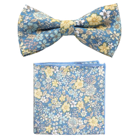 Lars Blue & Yellow Floral Cotton Bow Tie and Pocket Square Set