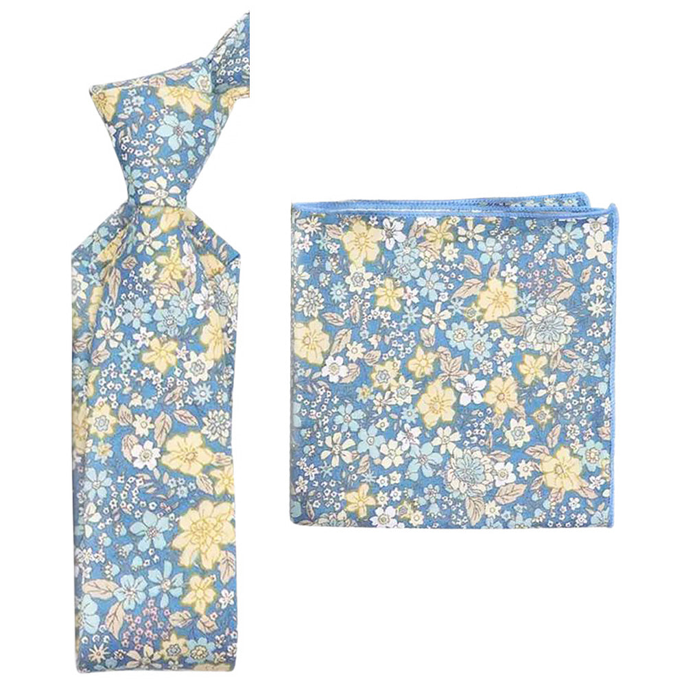 Lars Blue & Yellow Floral Cotton Tie and Pocket Square Set