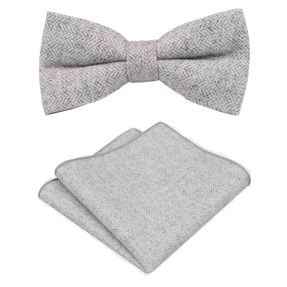 Laurie Light Grey Herringbone Adult Wool Bow Tie, Pocket Square and Slate Grey Braces Set