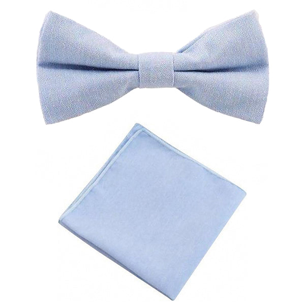Leo Pale Blue Adult Cotton Bow Tie, Pocket Square and Navy Blue Polka Dot Braces Set