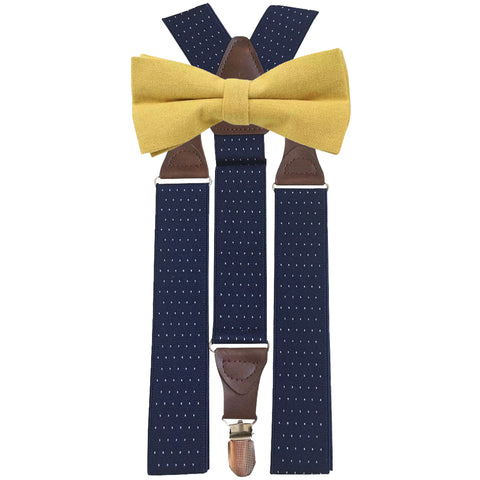 Alfie Mustard Yellow Adult Cotton Bow Tie and Navy Blue Polka Dot Braces Set