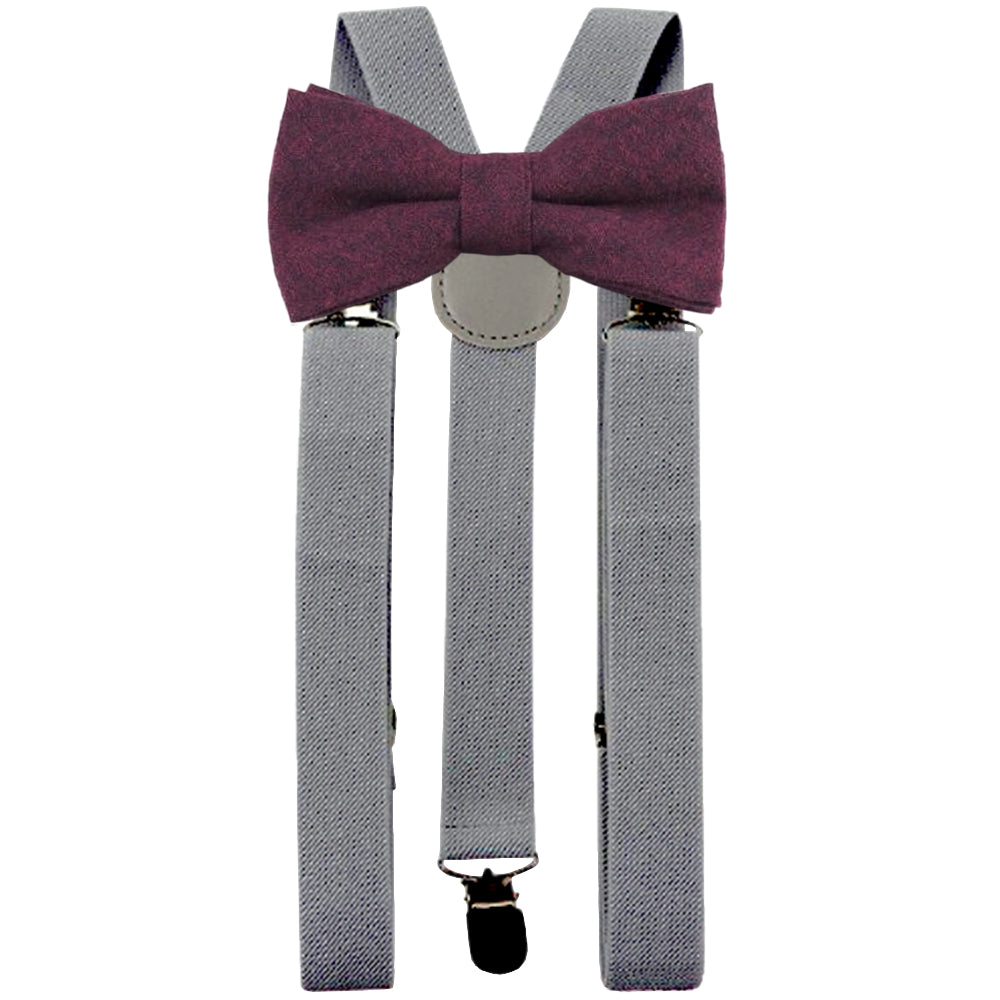 Emily Burgundy Red Adult Cotton Bow Tie and Slate Grey Braces Set