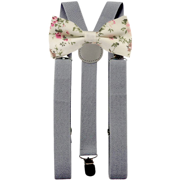 Olivia Cream Floral Adult Cotton Bow Tie and Slate Grey Braces Set