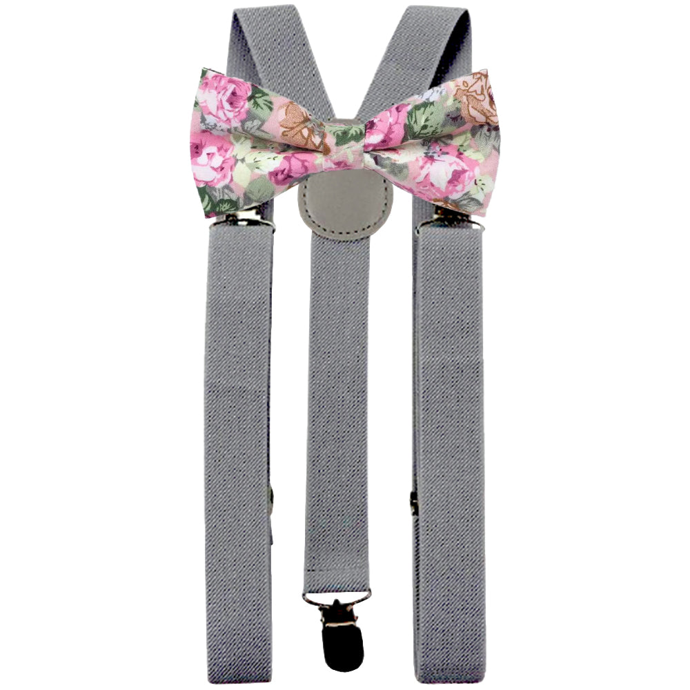 Penelope Pink Floral Adult Cotton Bow Tie and Slate Grey Braces Set