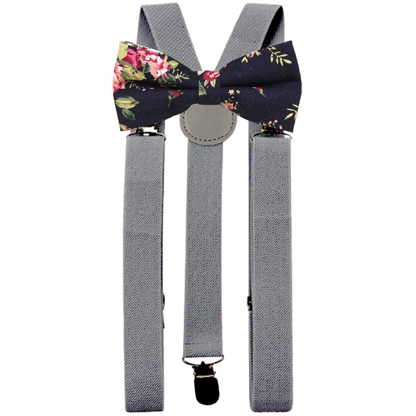 Vesper Black Floral Adult Cotton Bow Tie and Slate Grey Braces Set