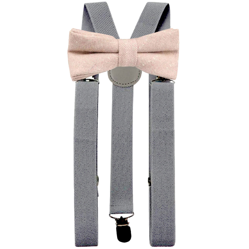 Elle Pink Herringbone Adult Tweed Bow Tie and Slate Grey Braces Set