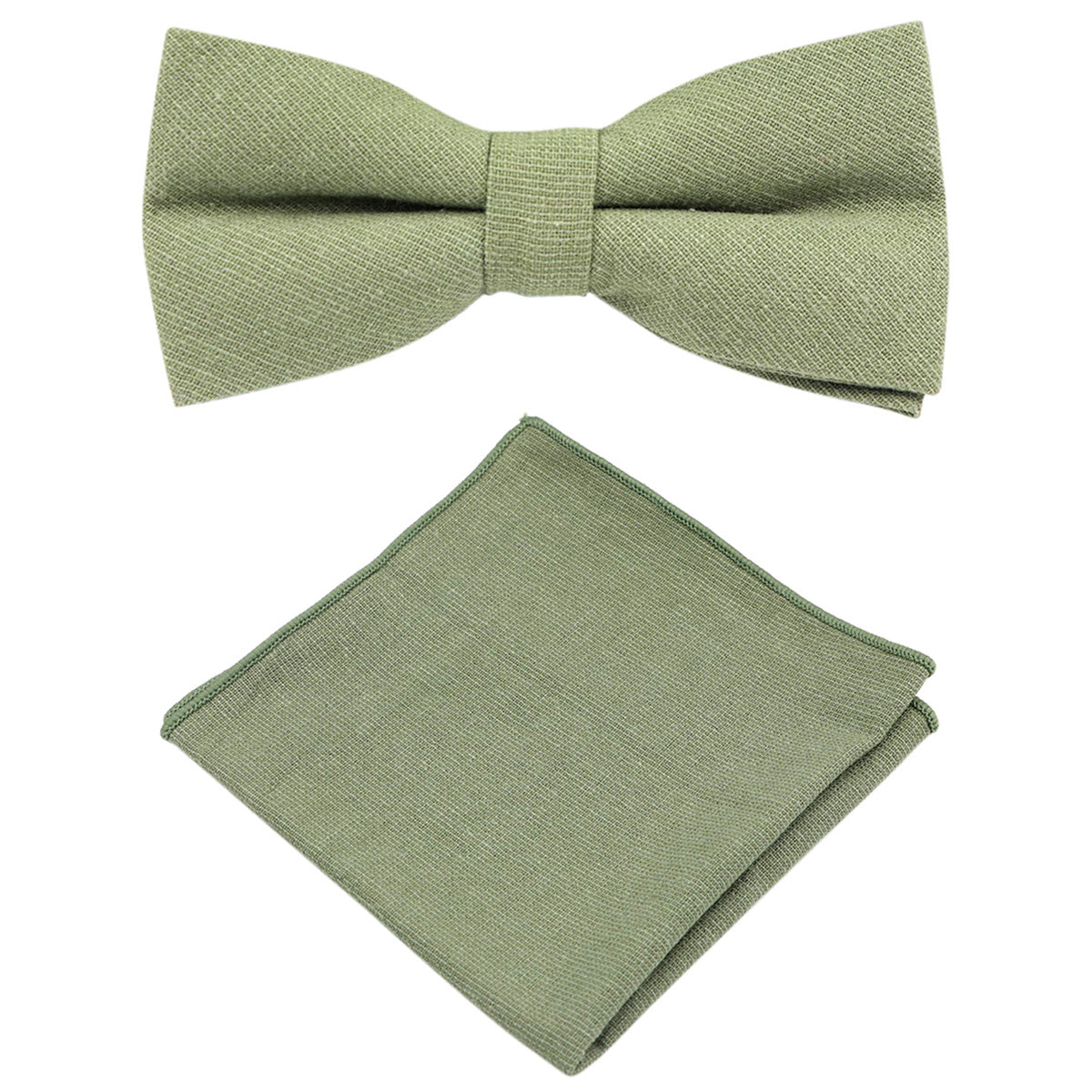 Neve Sage Green Pre-tied Cotton Bow Tie and Matching Pocket Square Set