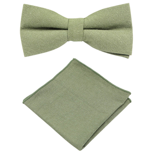 Neve Sage Green Pre-tied Cotton Bow Tie and Matching Pocket Square Set