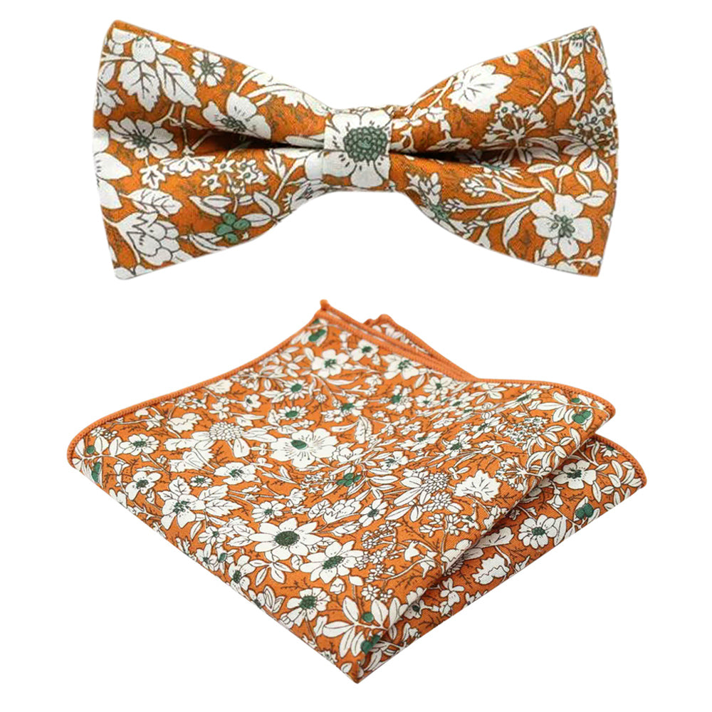 Nora Orange Floral Bow Tie and Pocket Square Set