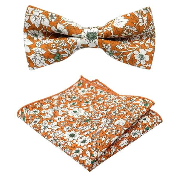 Nora Orange Floral Bow Tie and Pocket Square Set
