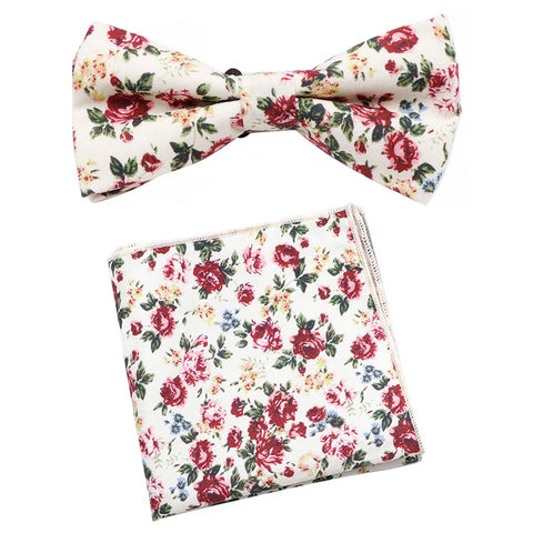 Hooper Cream & Pink Floral Bow Tie and Pocket Square Set
