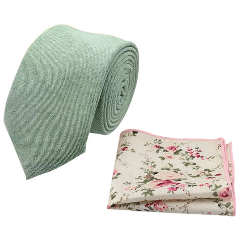 Harrison: Sage Green Cotton Blend Tie and Cream Floral Pocket Square Set