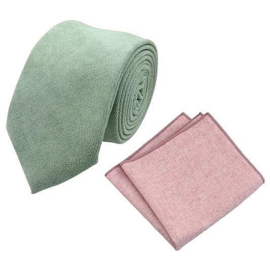 Harrison: Sage Green Cotton Blend Tie and Dusty Pink Pocket Square Set
