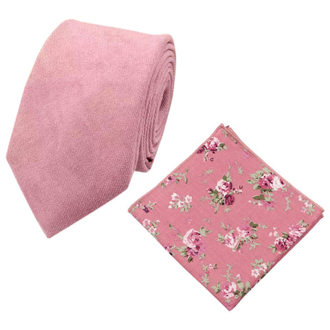 Rose Dusty Cinnamon Rose Pink Cotton Tie and Pink Floral Pocket Square Set