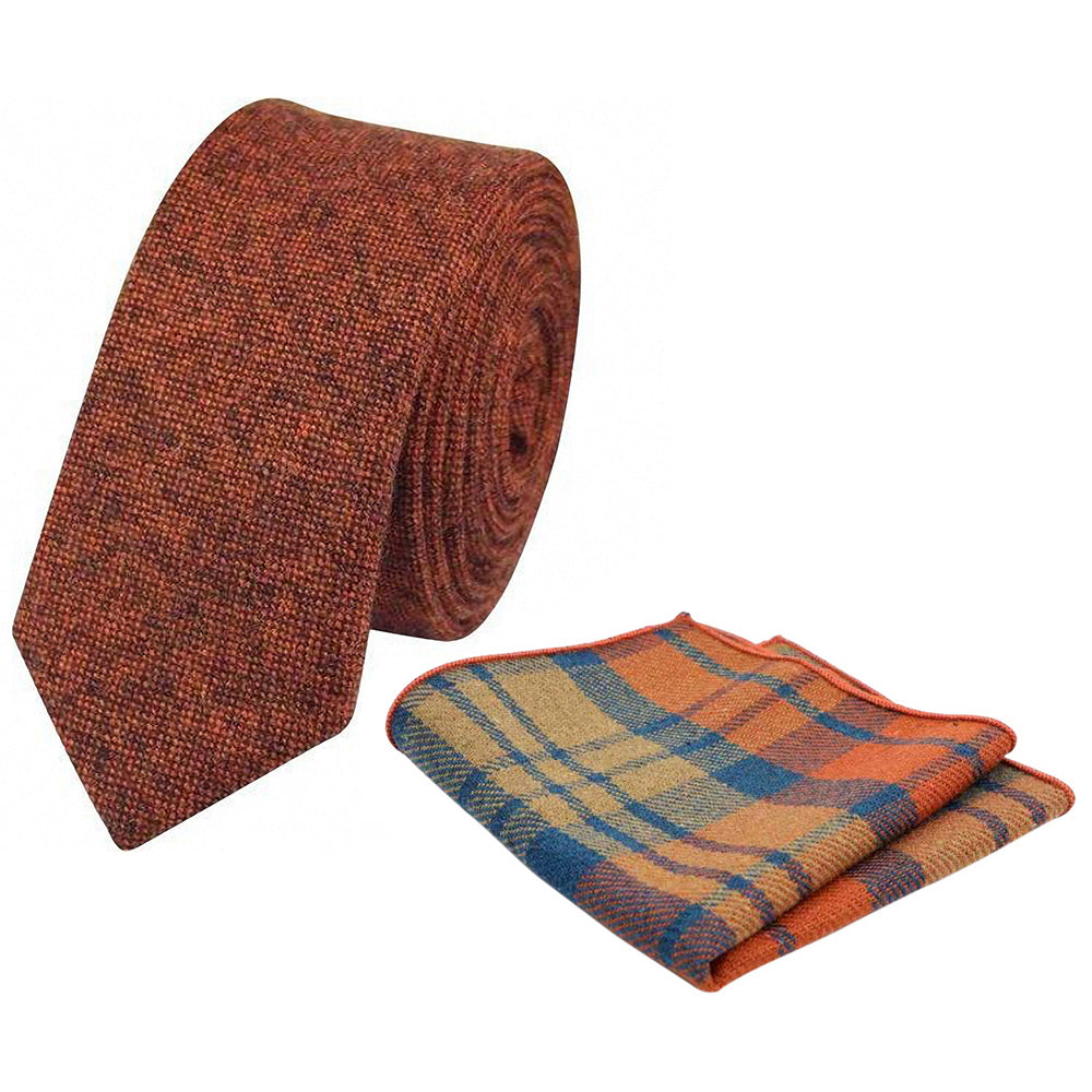 Charlie Rusty Burnt Orange Skinny Tweed Tie and Orange & Blue Plaid Tartan Pocket Square Set